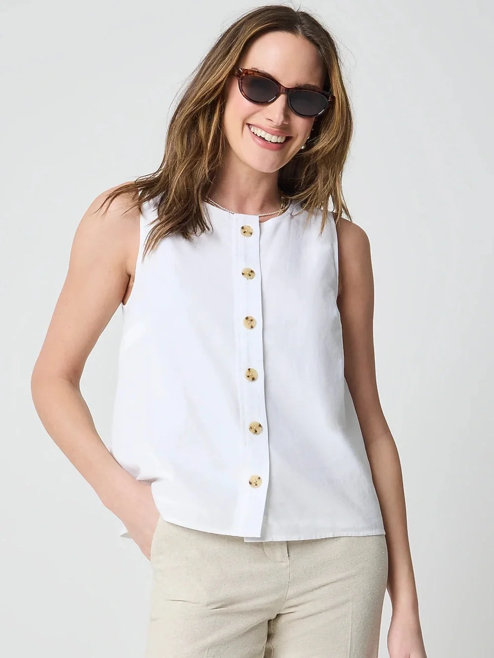 J. Crew White Sleeveless Button-Front Linen Blend Tank